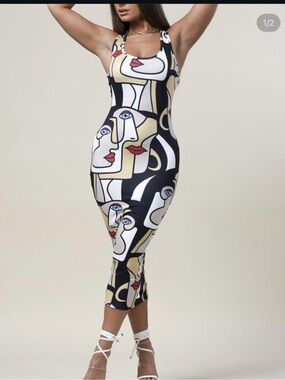 Abstract Face Print Bodycon Midi Dress - Black, Cream, Red